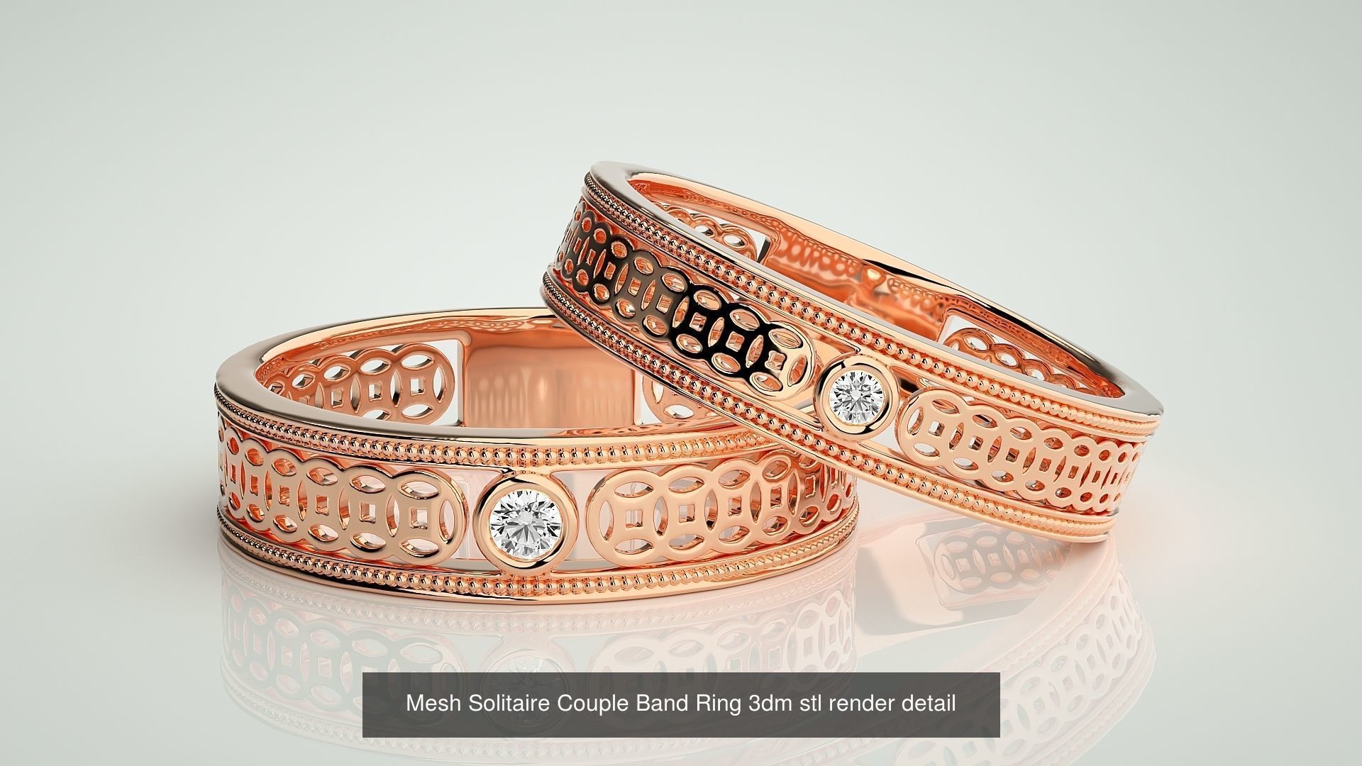 88 Wave Mesh Plain and Solitaire Gold Couple Band Ring 3dm stl 3D Model Collection_89