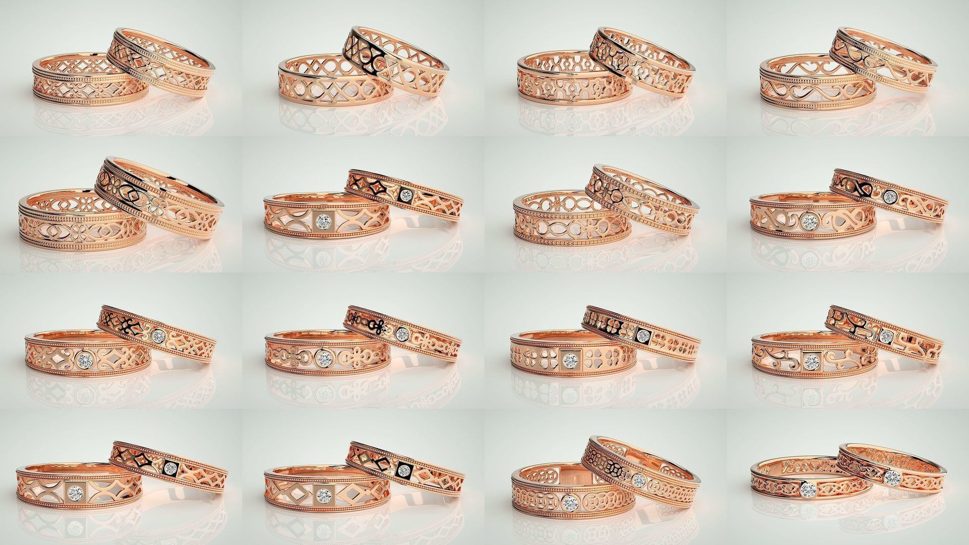 88 Wave Mesh Plain and Solitaire Gold Couple Band Ring 3dm stl 3D Model Collection_2