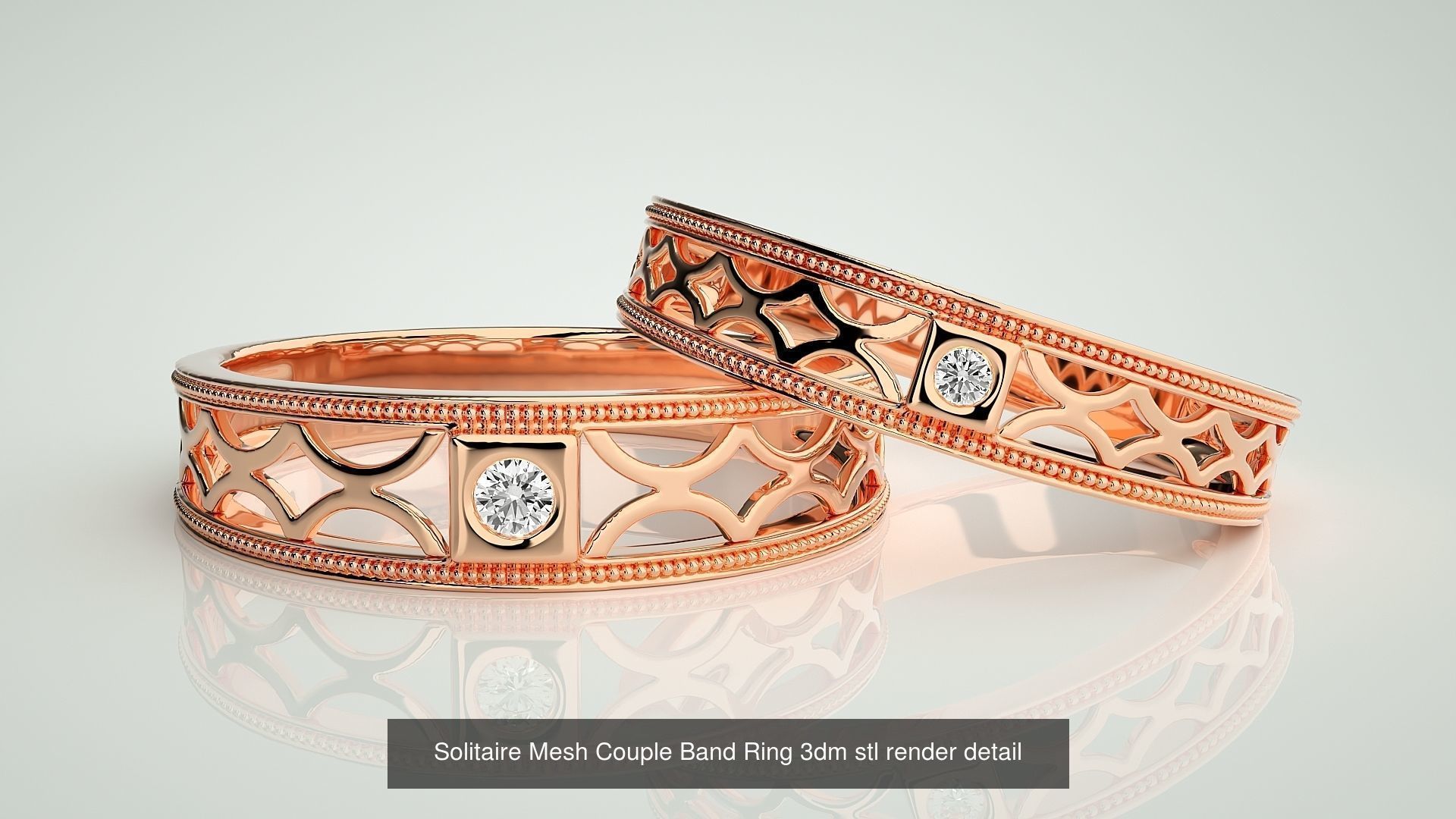 88 Wave Mesh Plain and Solitaire Gold Couple Band Ring 3dm stl 3D Model Collection_9