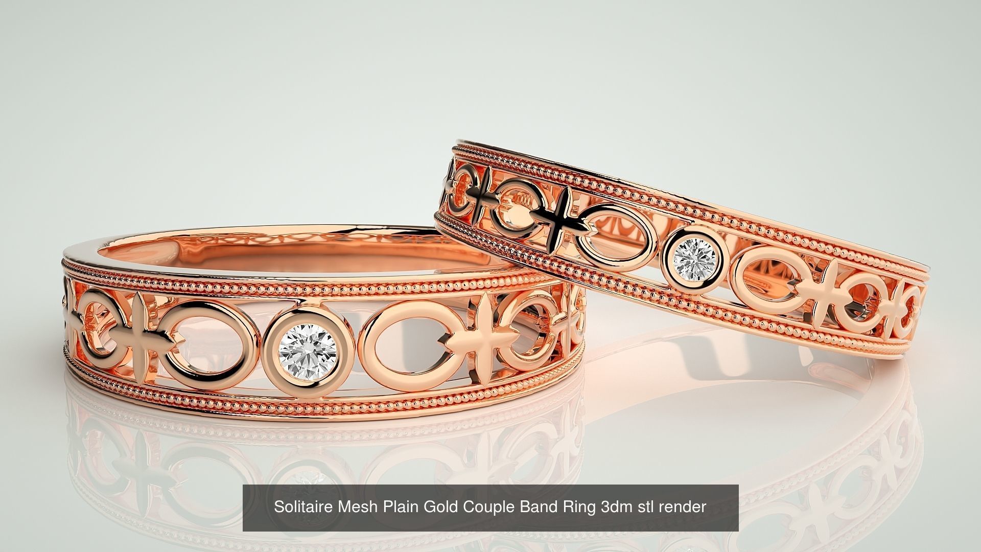 88 Wave Mesh Plain and Solitaire Gold Couple Band Ring 3dm stl 3D Model Collection_18