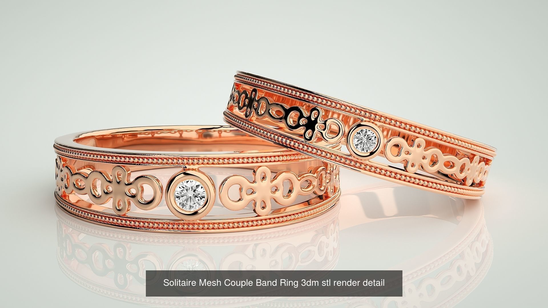 88 Wave Mesh Plain and Solitaire Gold Couple Band Ring 3dm stl 3D Model Collection_74