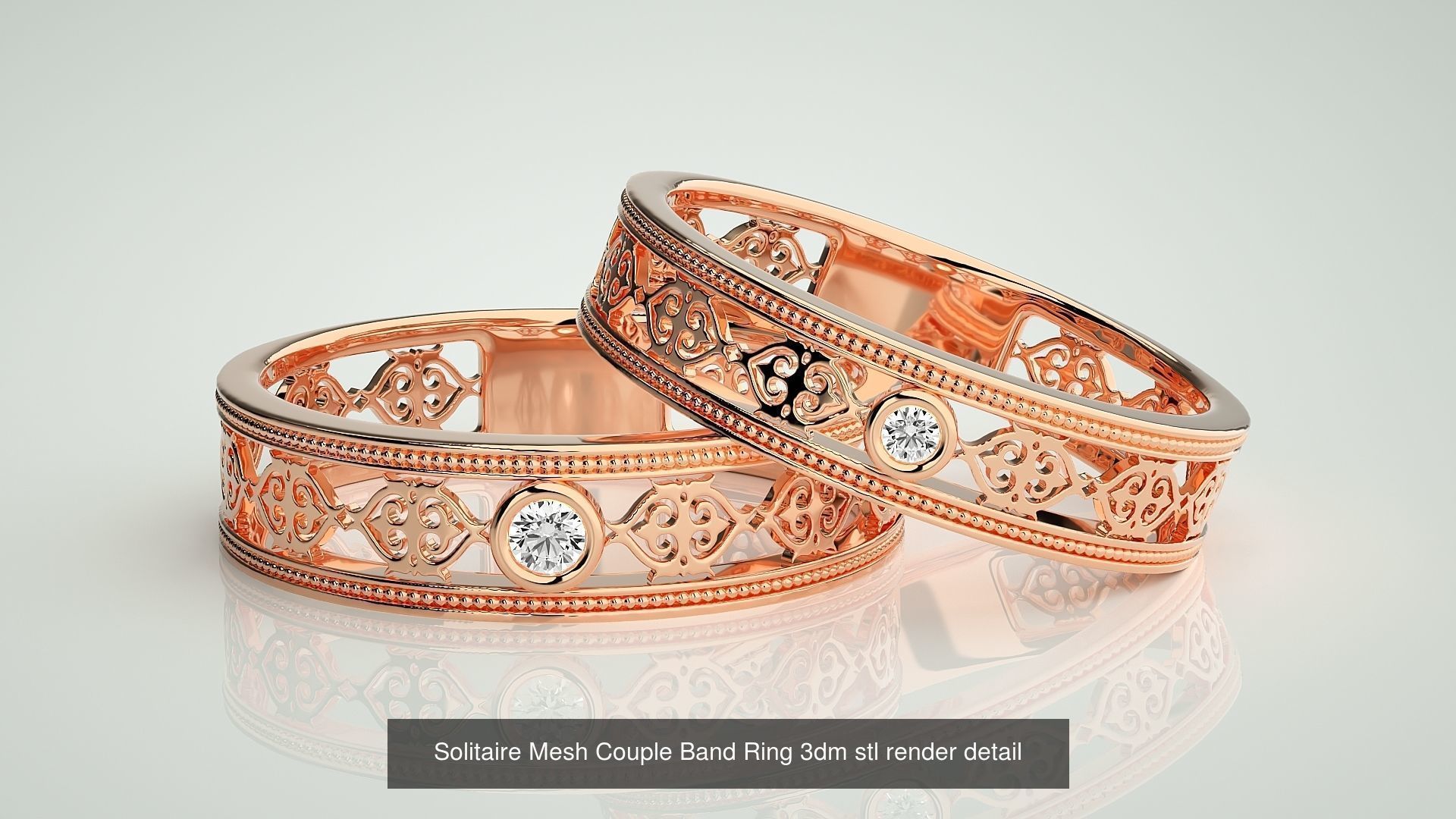 88 Wave Mesh Plain and Solitaire Gold Couple Band Ring 3dm stl 3D Model Collection_61