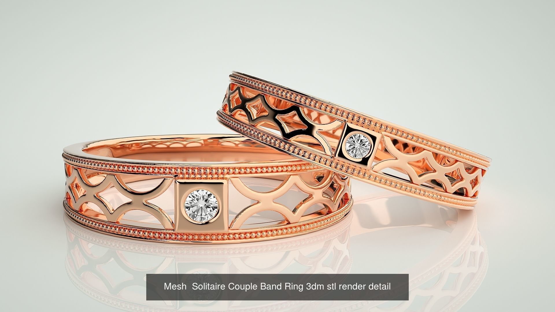 88 Wave Mesh Plain and Solitaire Gold Couple Band Ring 3dm stl 3D Model Collection_91