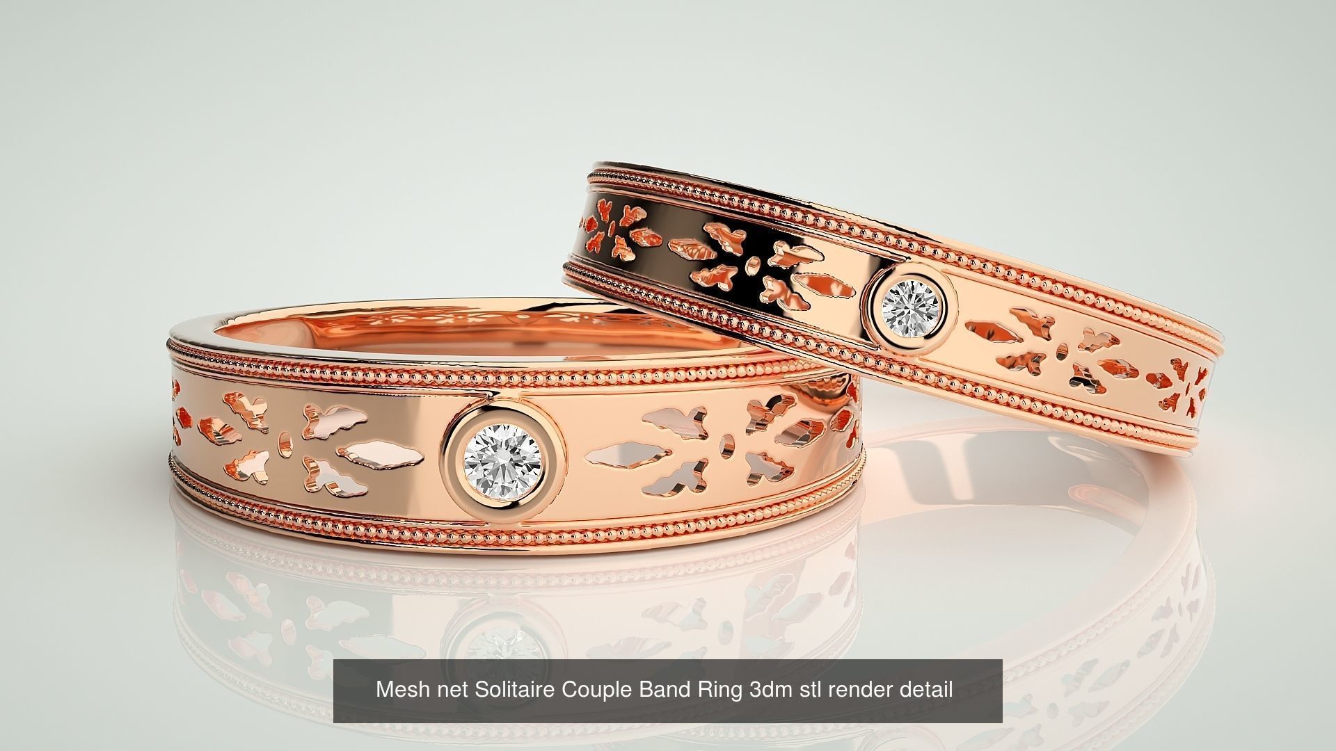 88 Wave Mesh Plain and Solitaire Gold Couple Band Ring 3dm stl 3D Model Collection_31