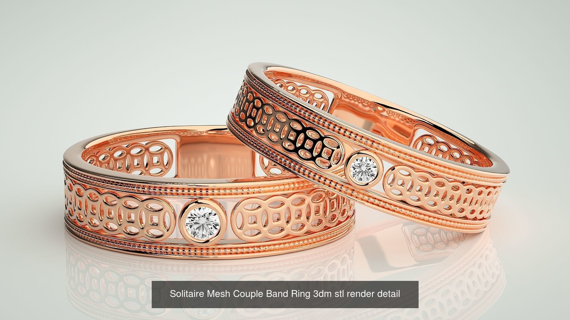 88 Wave Mesh Plain and Solitaire Gold Couple Band Ring 3dm stl 3D Model Collection_52