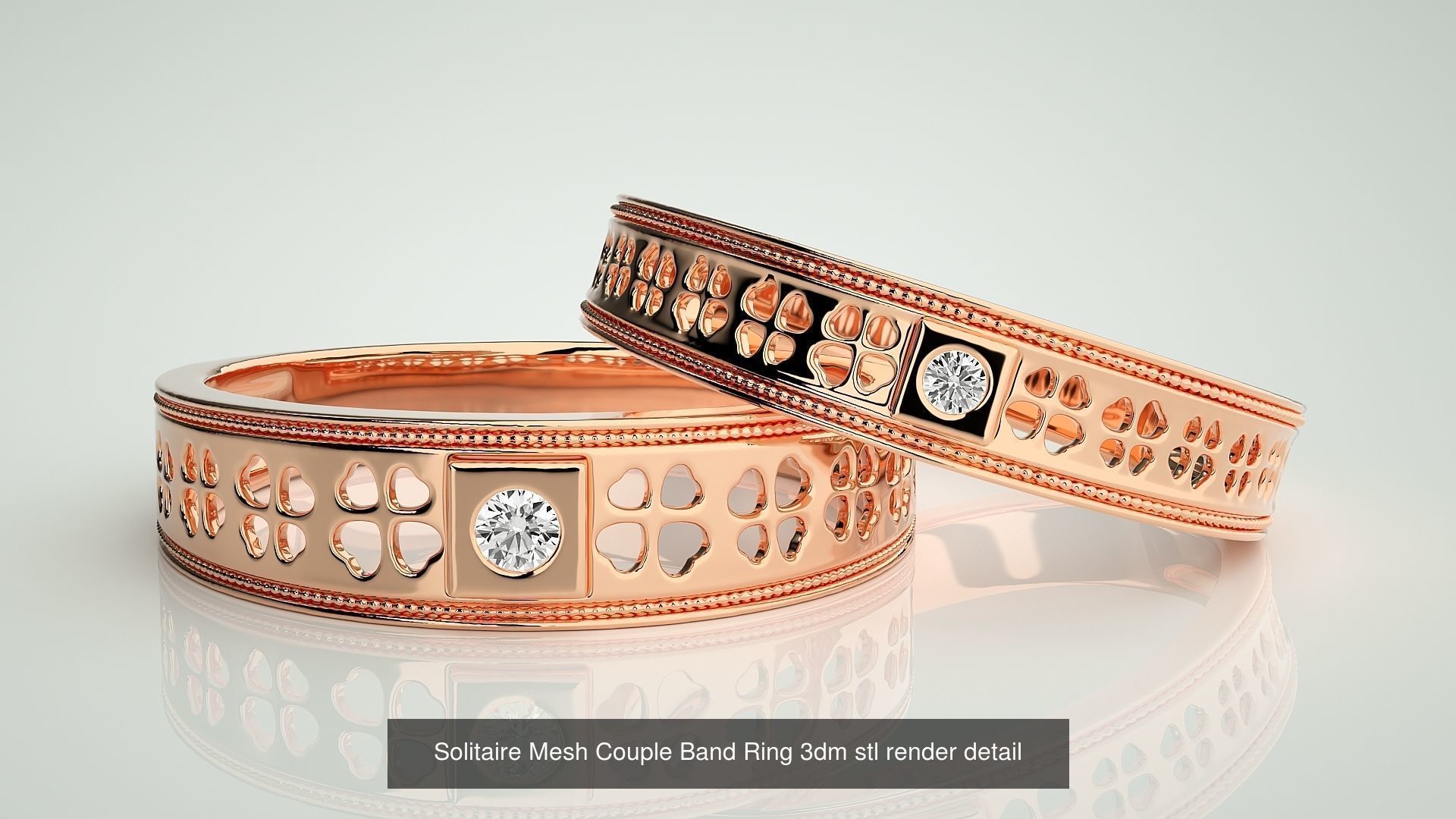 88 Wave Mesh Plain and Solitaire Gold Couple Band Ring 3dm stl 3D Model Collection_48