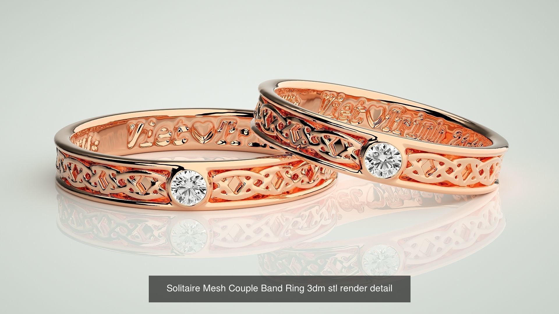 88 Wave Mesh Plain and Solitaire Gold Couple Band Ring 3dm stl 3D Model Collection_53