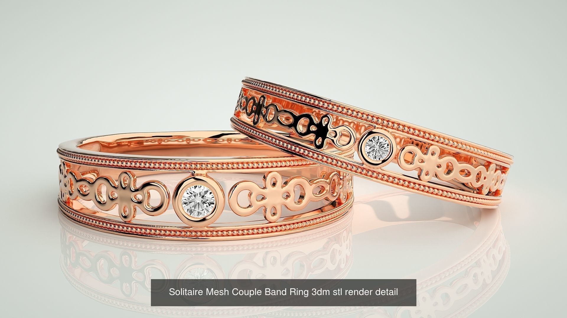 88 Wave Mesh Plain and Solitaire Gold Couple Band Ring 3dm stl 3D Model Collection_66