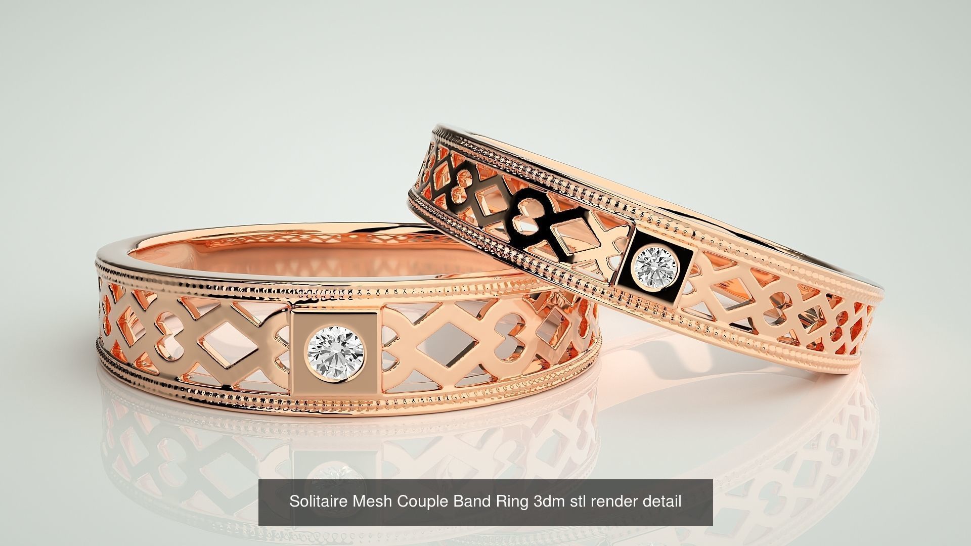 88 Wave Mesh Plain and Solitaire Gold Couple Band Ring 3dm stl 3D Model Collection_28