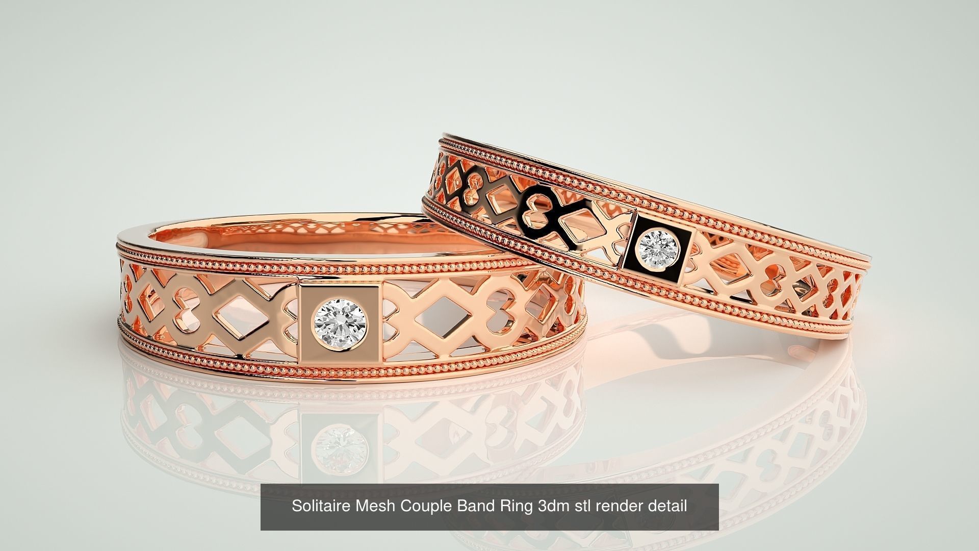 88 Wave Mesh Plain and Solitaire Gold Couple Band Ring 3dm stl 3D Model Collection_69