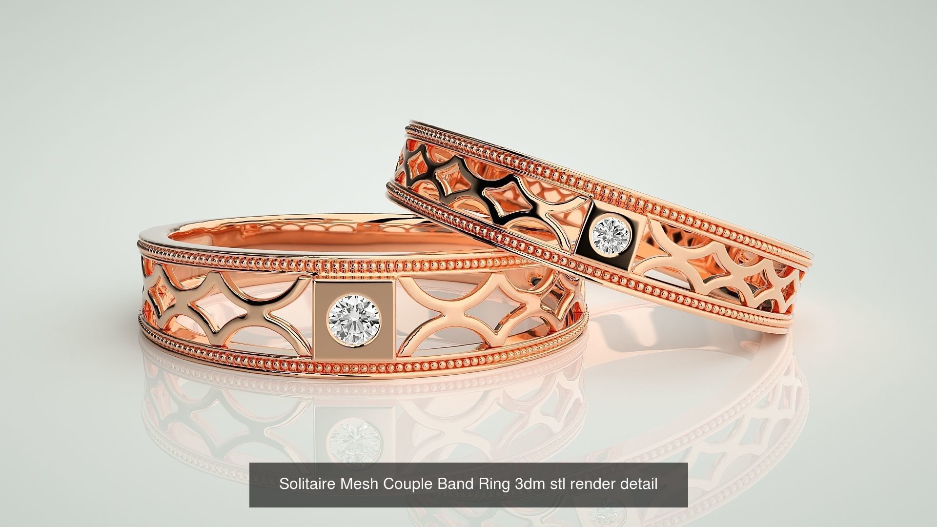 88 Wave Mesh Plain and Solitaire Gold Couple Band Ring 3dm stl 3D Model Collection_58