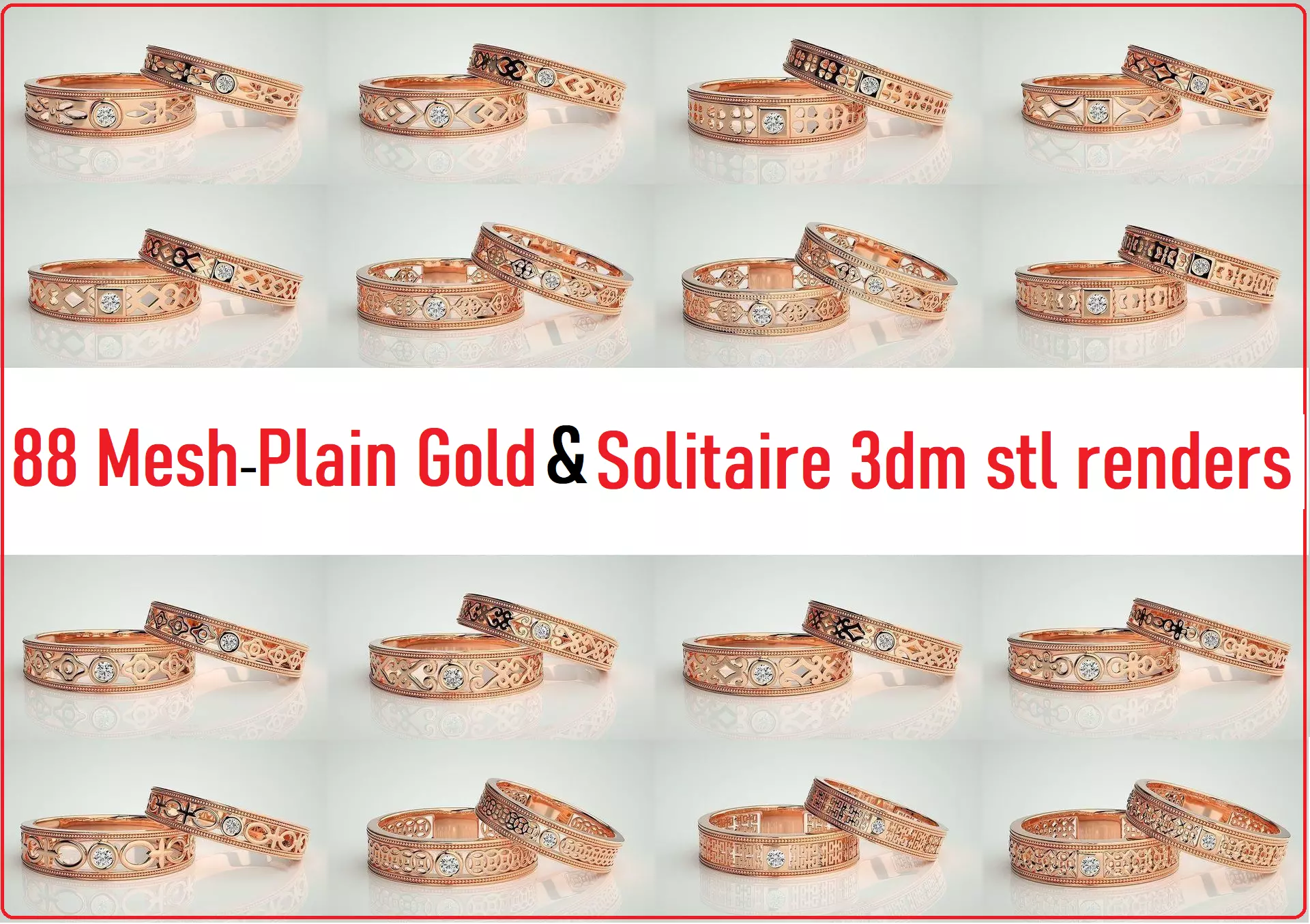 88 Wave Mesh Plain and Solitaire Gold Couple Band Ring 3dm stl 3D Model Collection_0