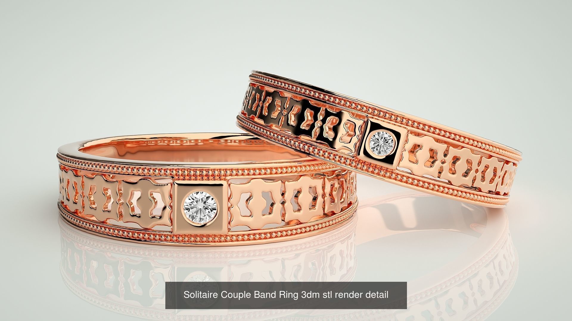 88 Wave Mesh Plain and Solitaire Gold Couple Band Ring 3dm stl 3D Model Collection_13