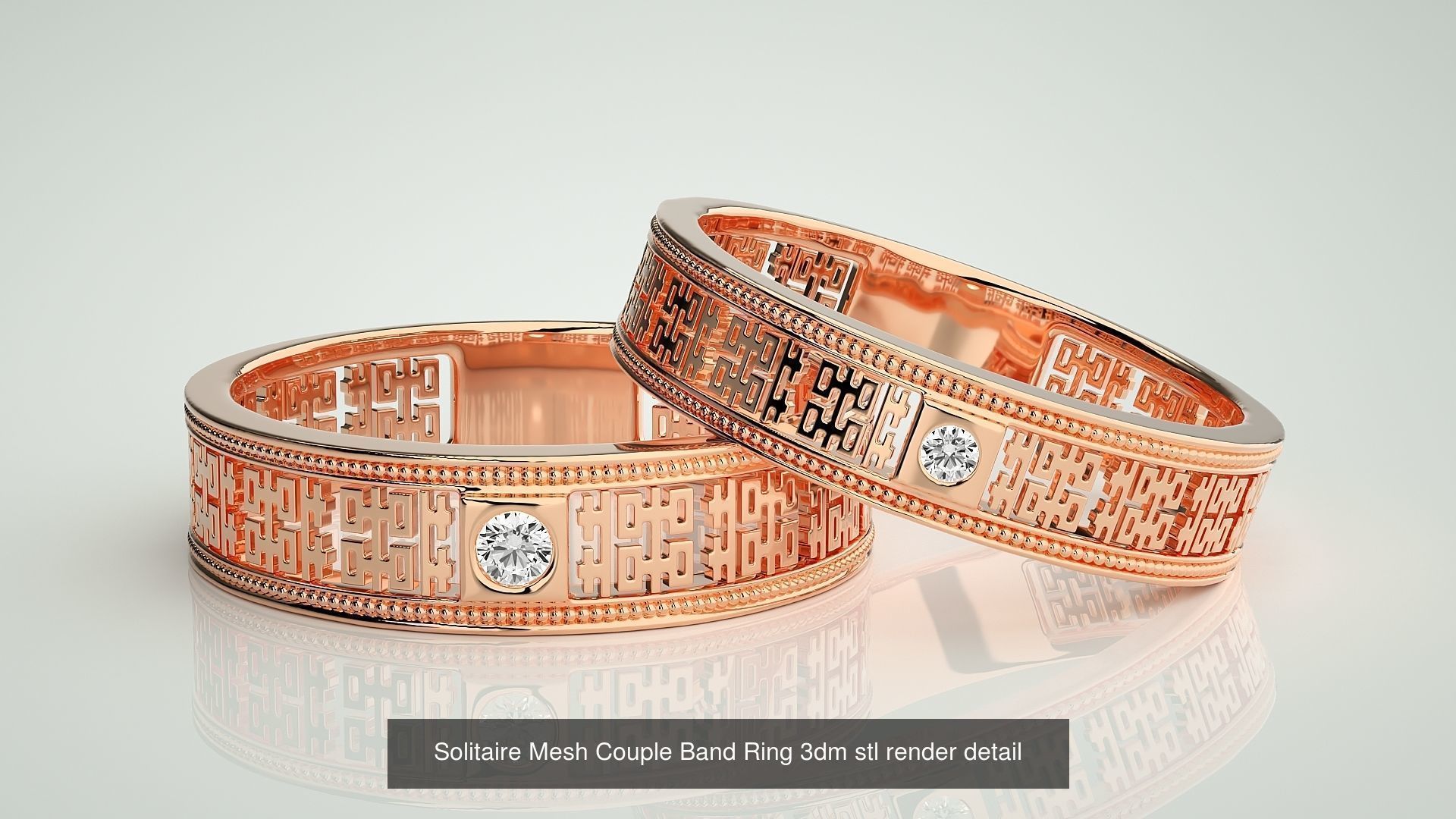 88 Wave Mesh Plain and Solitaire Gold Couple Band Ring 3dm stl 3D Model Collection_54