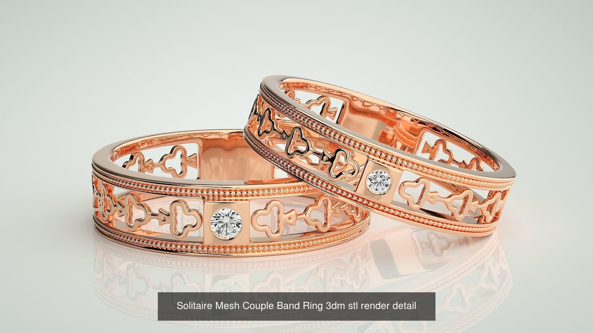 88 Wave Mesh Plain and Solitaire Gold Couple Band Ring 3dm stl 3D Model Collection_85