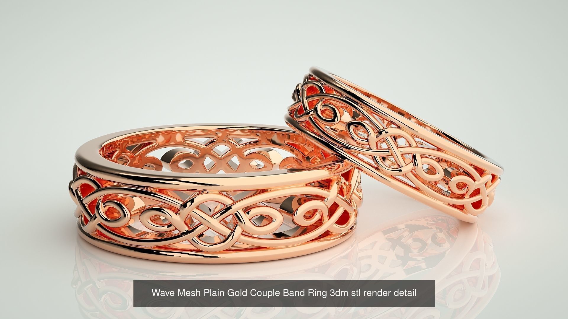 88 Wave Mesh Plain and Solitaire Gold Couple Band Ring 3dm stl 3D Model Collection_26