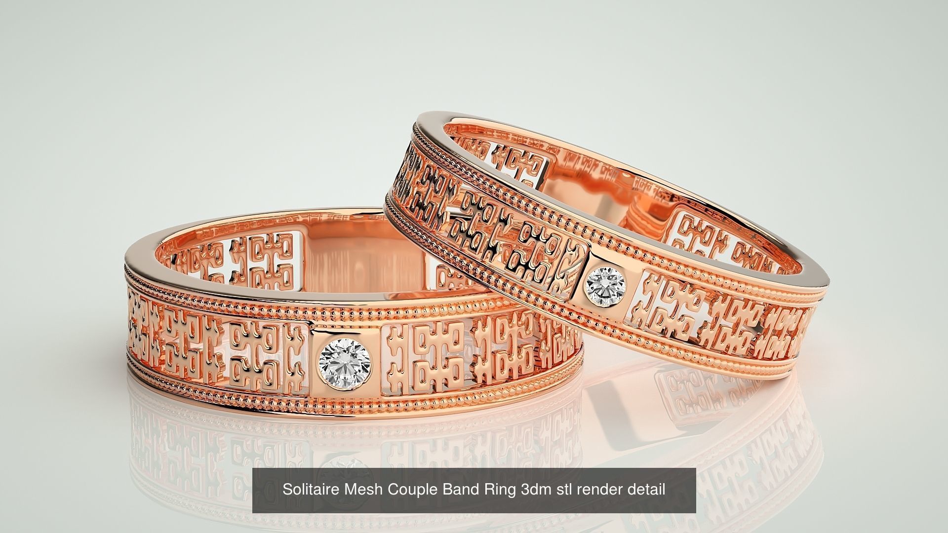 88 Wave Mesh Plain and Solitaire Gold Couple Band Ring 3dm stl 3D Model Collection_82