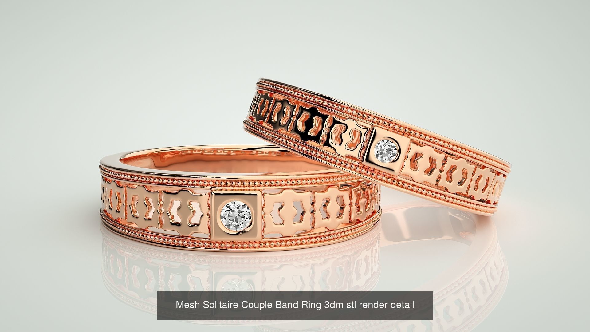 88 Wave Mesh Plain and Solitaire Gold Couple Band Ring 3dm stl 3D Model Collection_90
