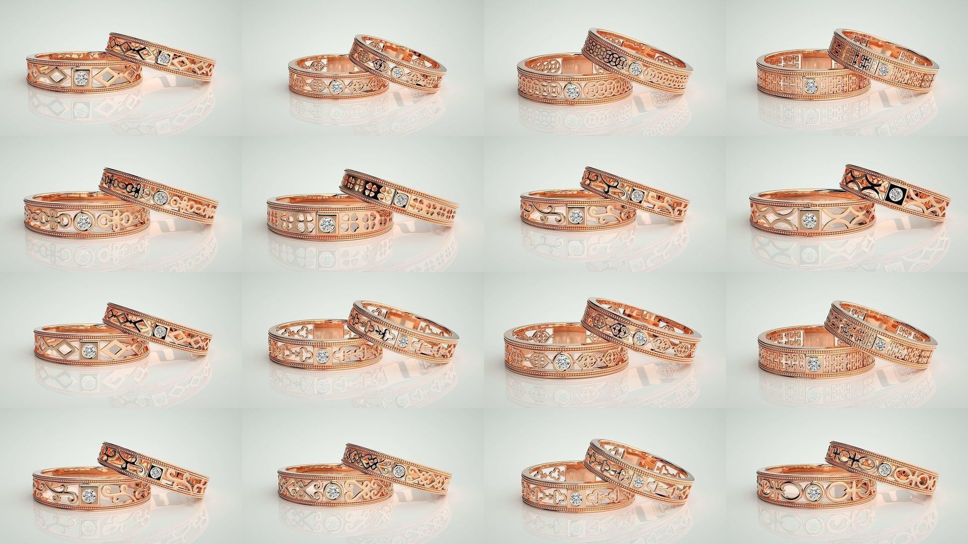 88 Wave Mesh Plain and Solitaire Gold Couple Band Ring 3dm stl 3D Model Collection_4