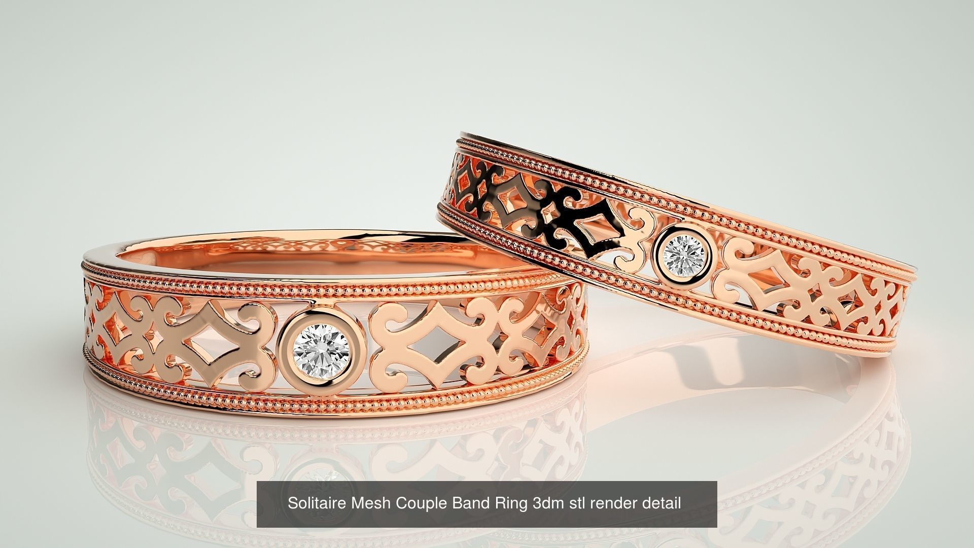 88 Wave Mesh Plain and Solitaire Gold Couple Band Ring 3dm stl 3D Model Collection_16