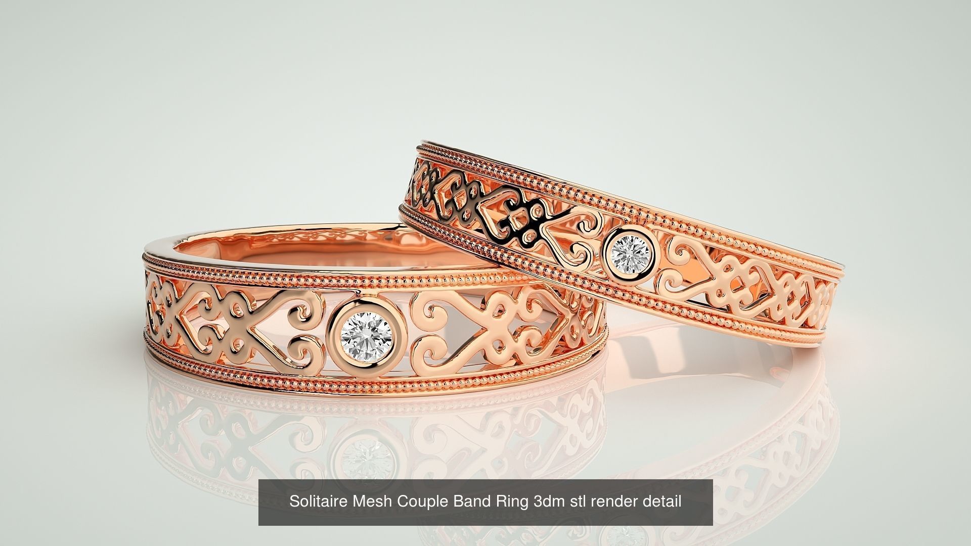88 Wave Mesh Plain and Solitaire Gold Couple Band Ring 3dm stl 3D Model Collection_84