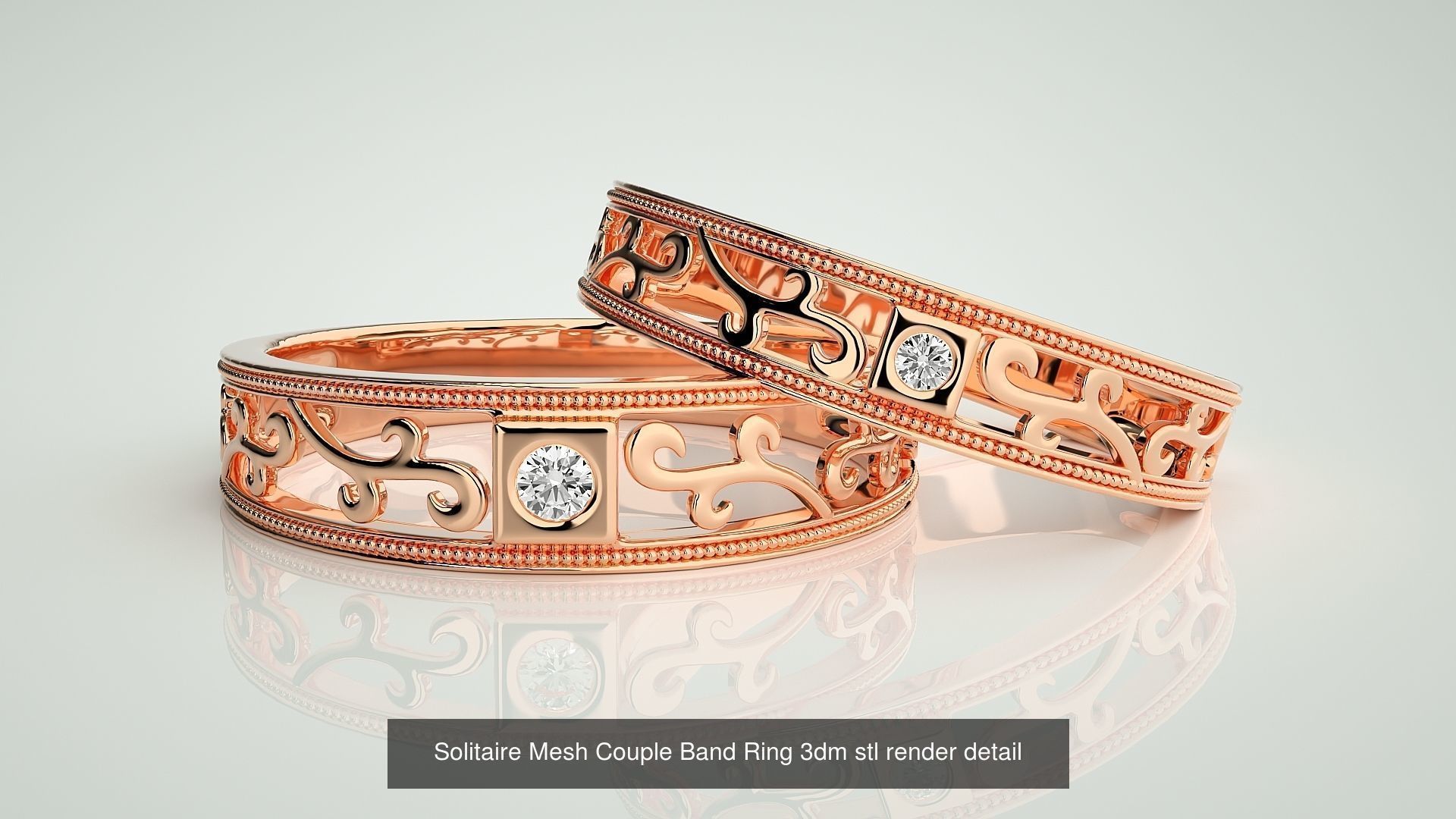 88 Wave Mesh Plain and Solitaire Gold Couple Band Ring 3dm stl 3D Model Collection_76
