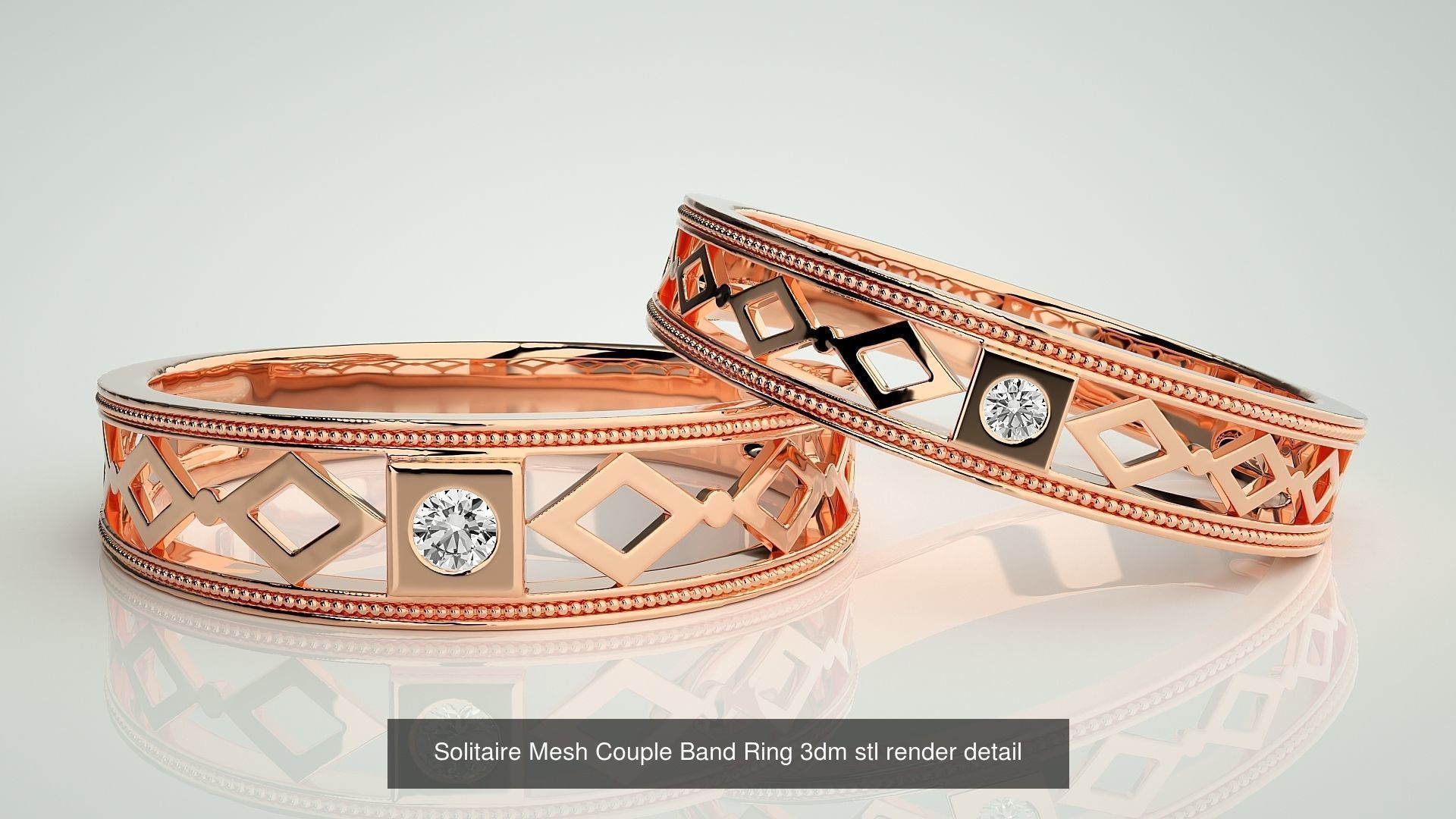 88 Wave Mesh Plain and Solitaire Gold Couple Band Ring 3dm stl 3D Model Collection_22