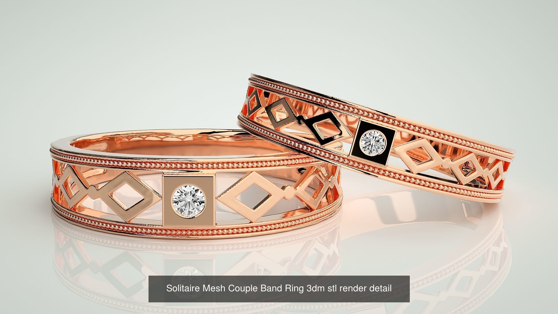 88 Wave Mesh Plain and Solitaire Gold Couple Band Ring 3dm stl 3D Model Collection_51