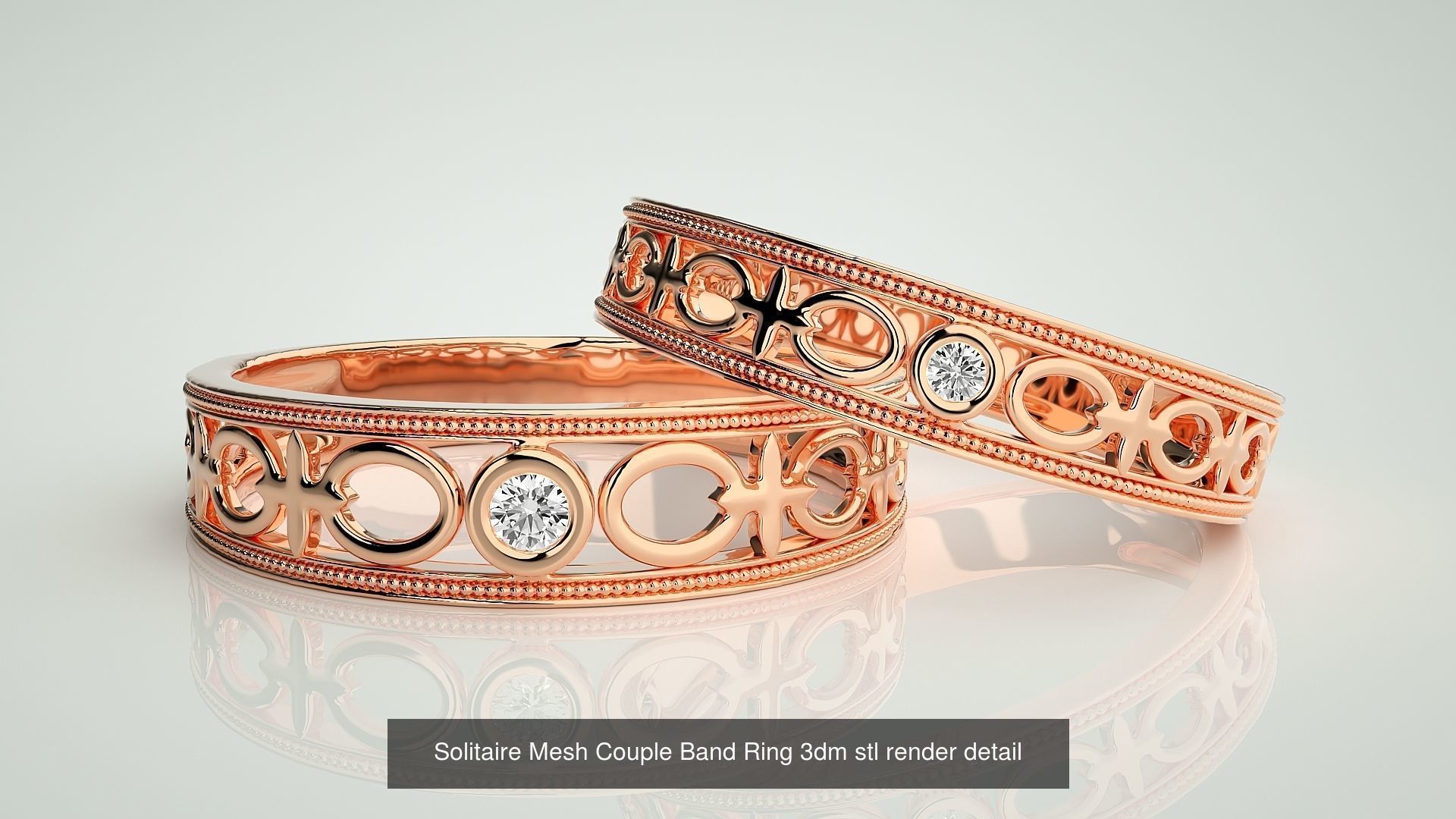 88 Wave Mesh Plain and Solitaire Gold Couple Band Ring 3dm stl 3D Model Collection_86