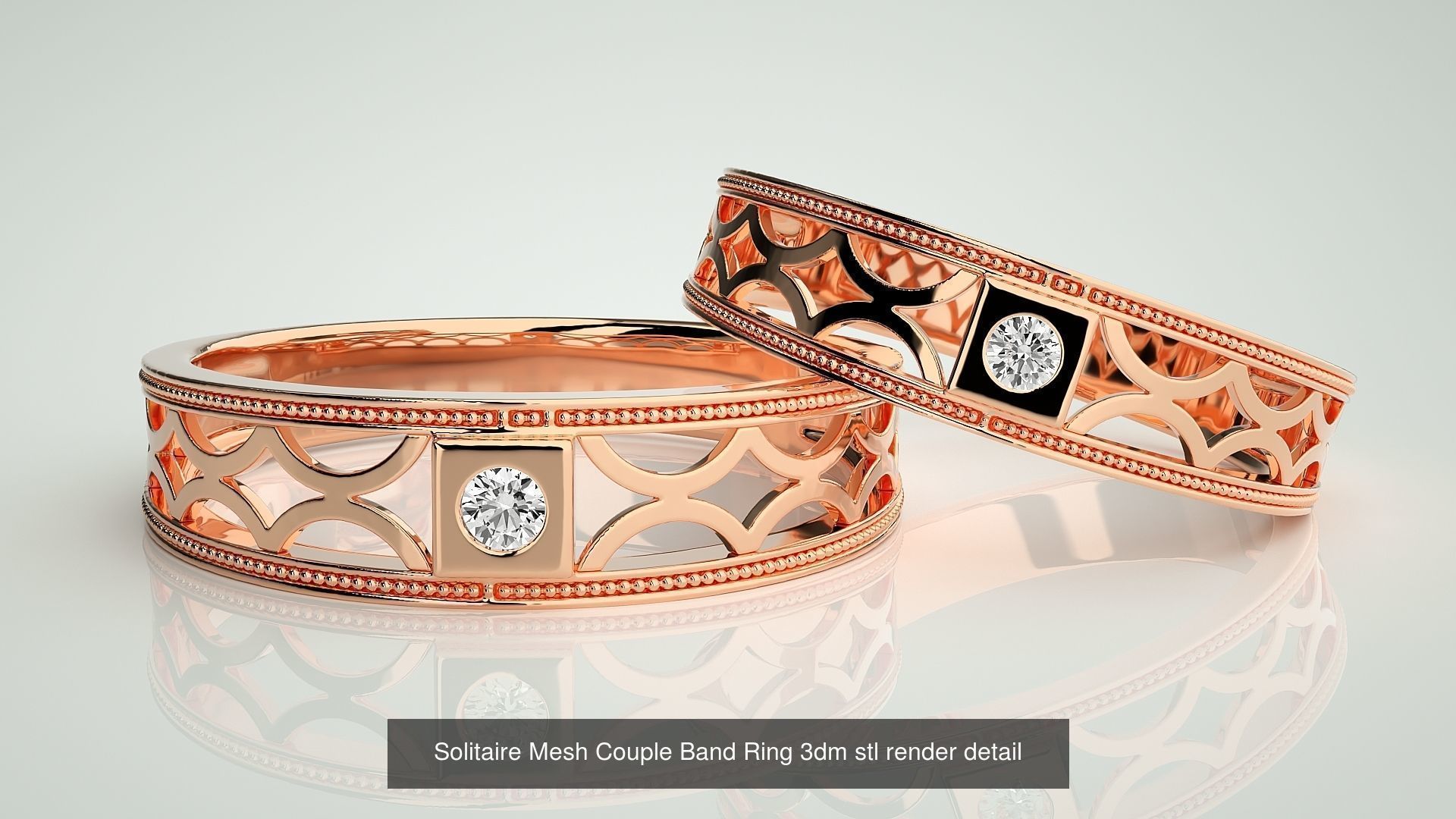 88 Wave Mesh Plain and Solitaire Gold Couple Band Ring 3dm stl 3D Model Collection_78