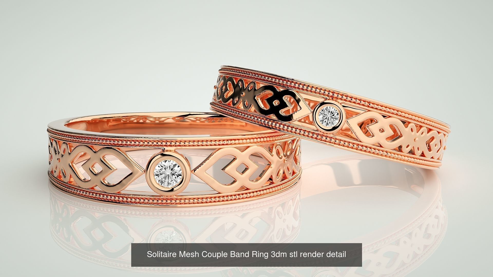 88 Wave Mesh Plain and Solitaire Gold Couple Band Ring 3dm stl 3D Model Collection_7