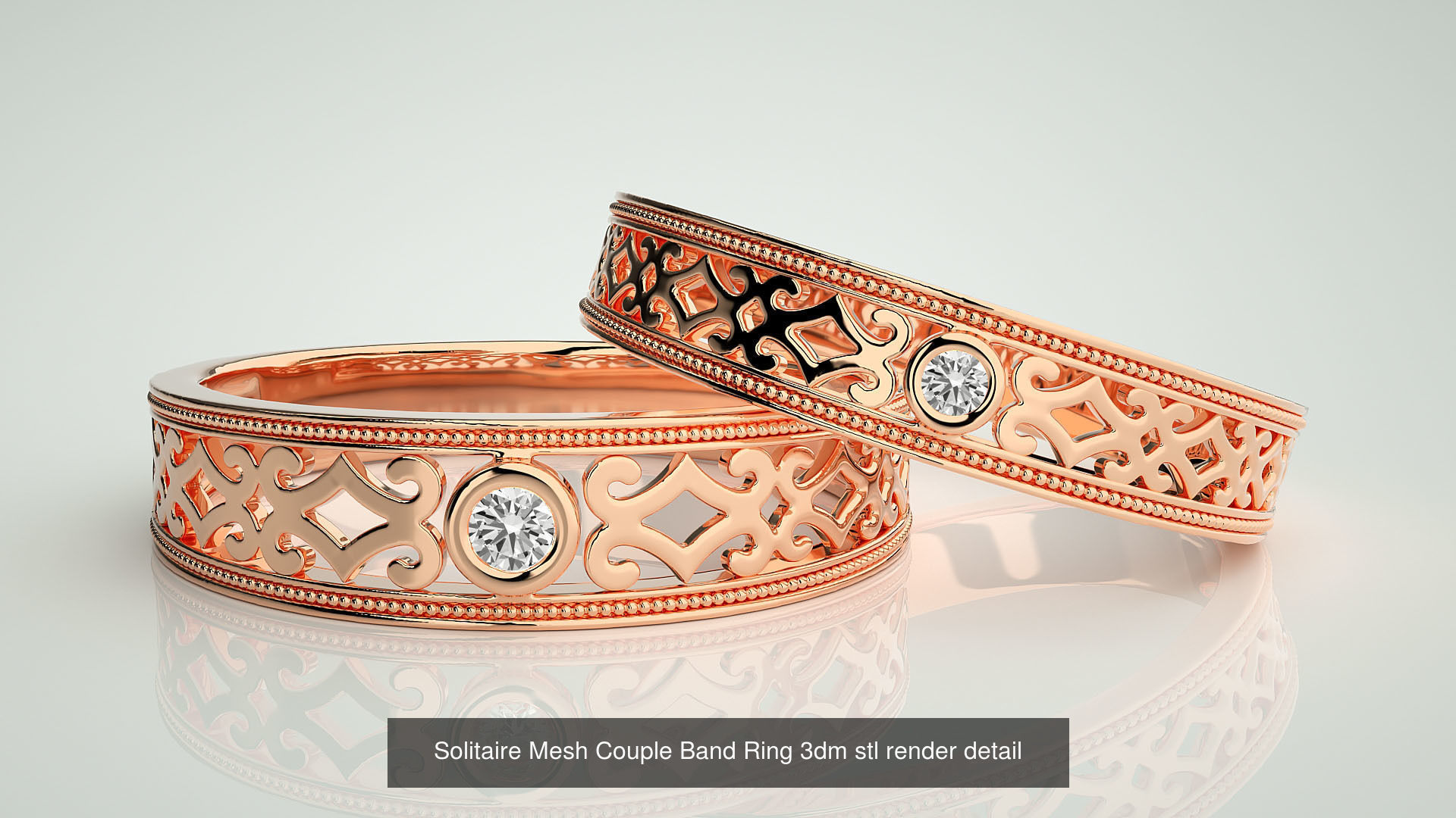 88 Wave Mesh Plain and Solitaire Gold Couple Band Ring 3dm stl 3D Model Collection_46