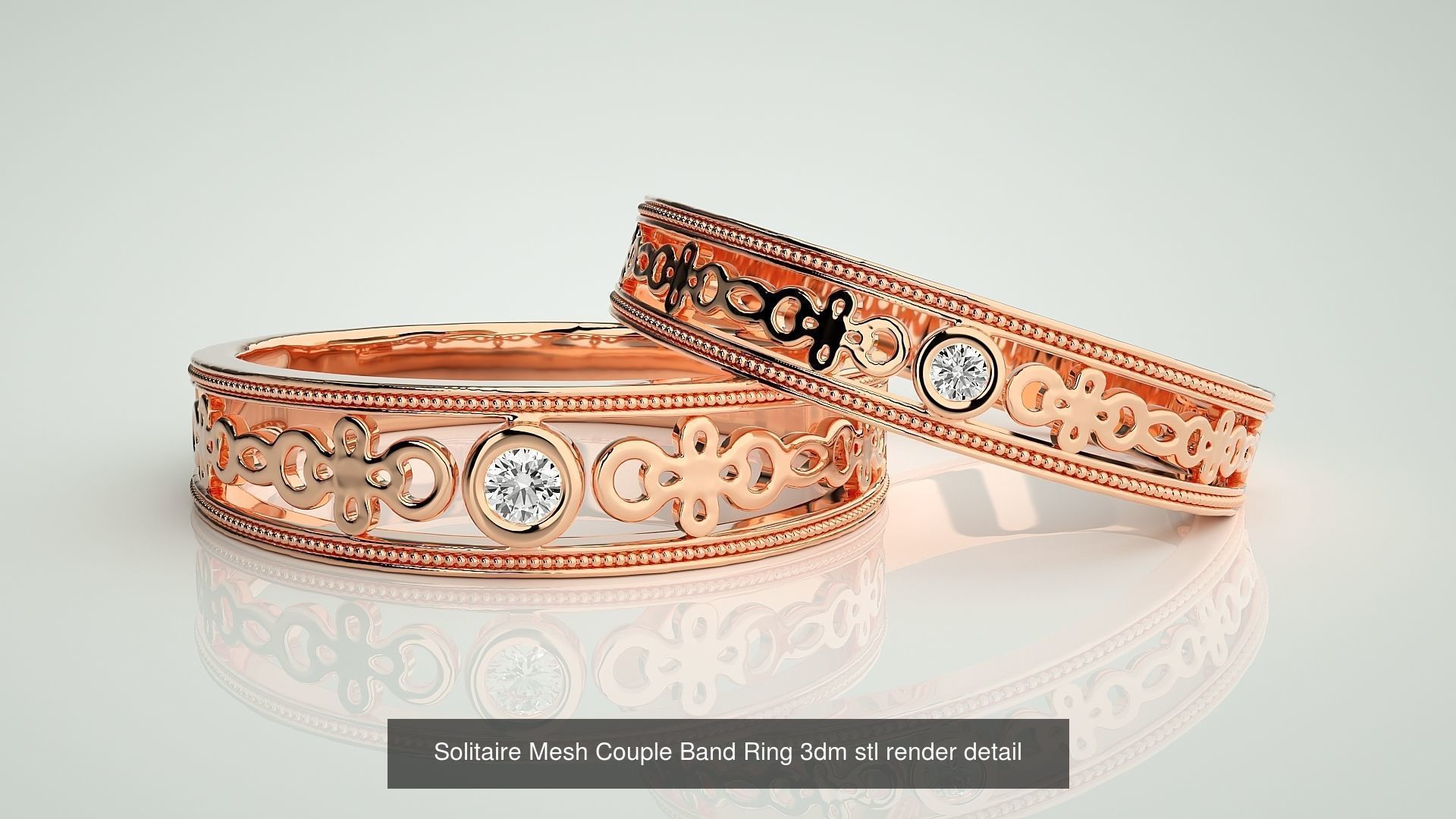 88 Wave Mesh Plain and Solitaire Gold Couple Band Ring 3dm stl 3D Model Collection_56