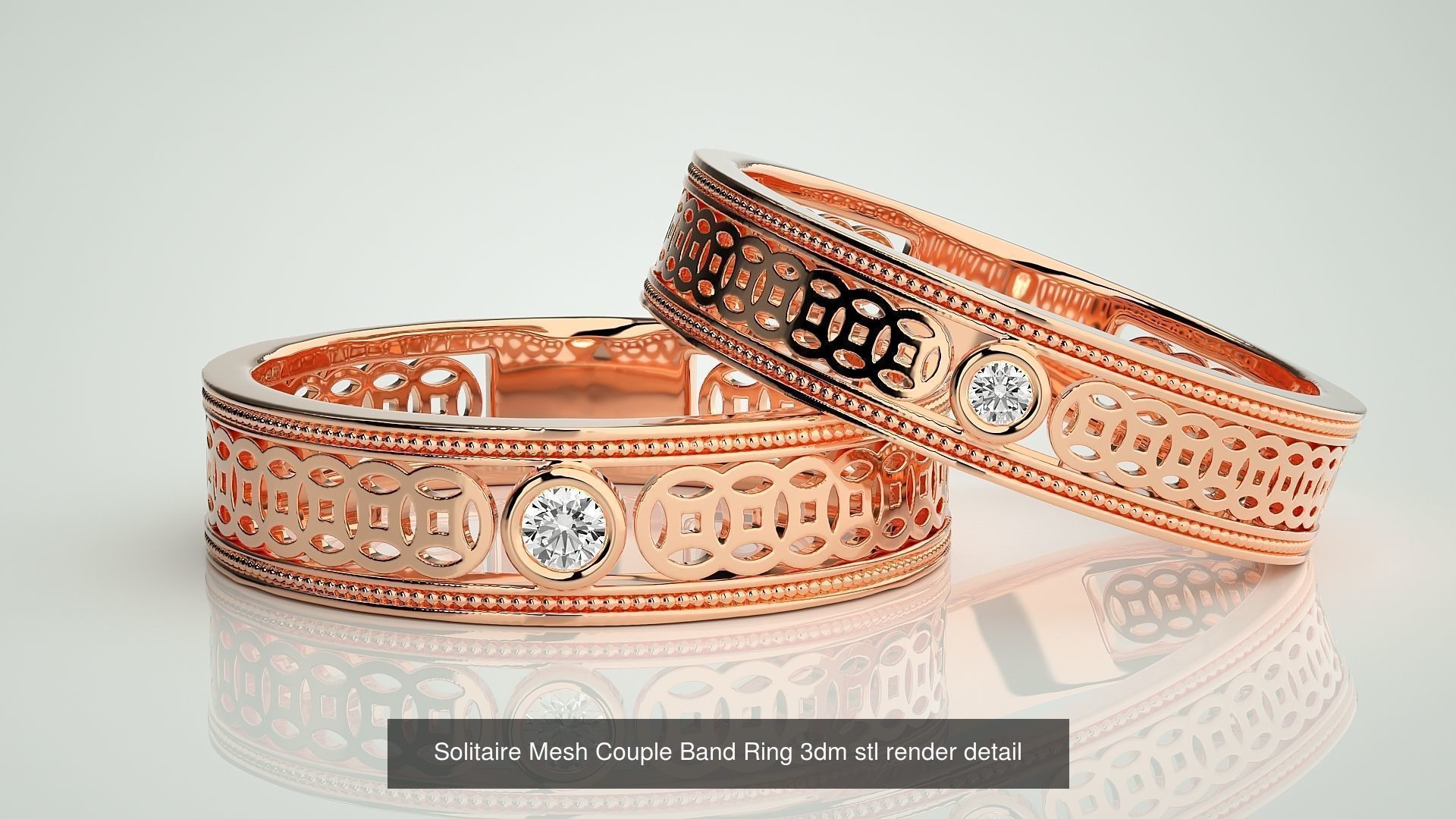 88 Wave Mesh Plain and Solitaire Gold Couple Band Ring 3dm stl 3D Model Collection_29