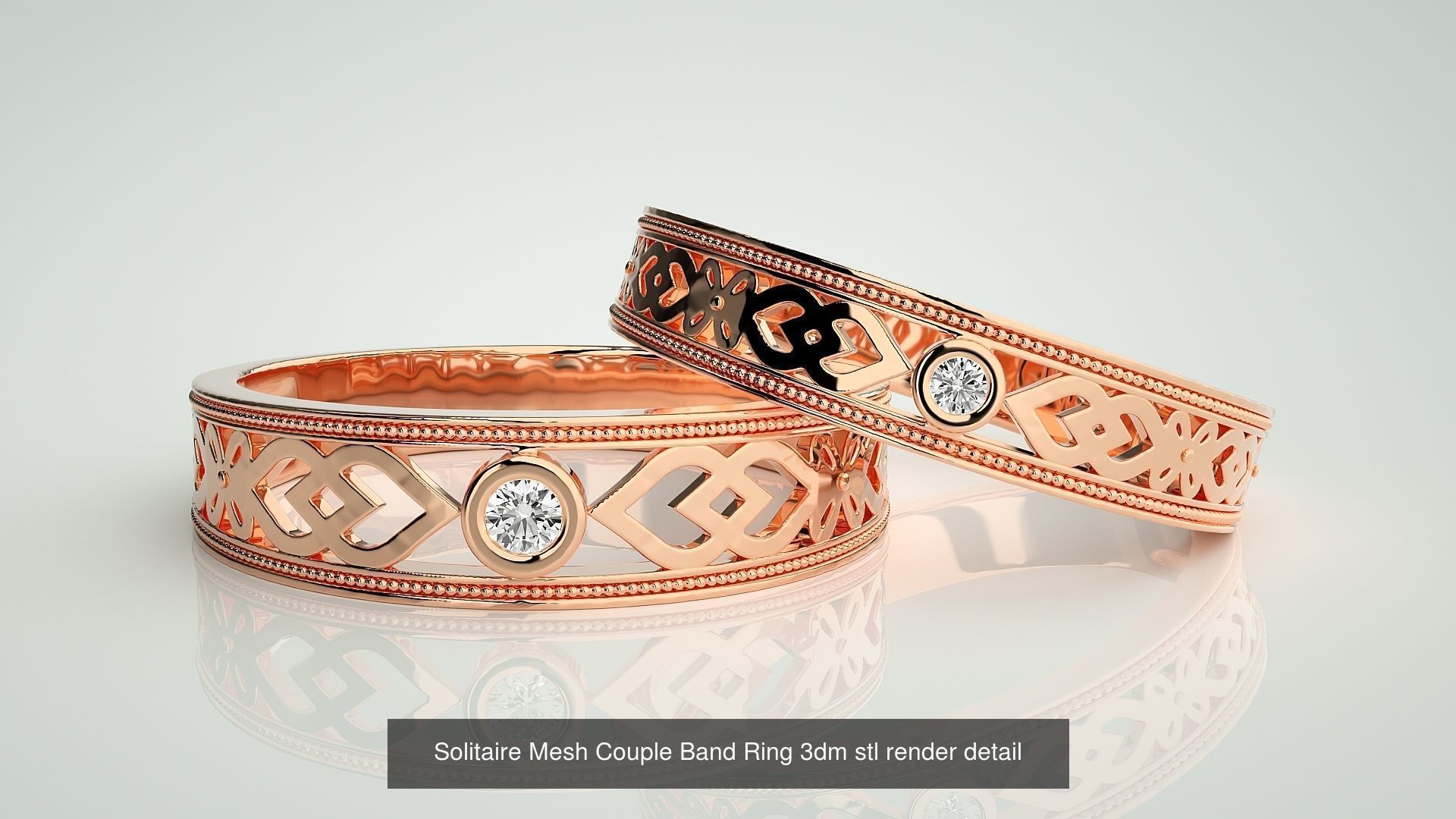 88 Wave Mesh Plain and Solitaire Gold Couple Band Ring 3dm stl 3D Model Collection_65