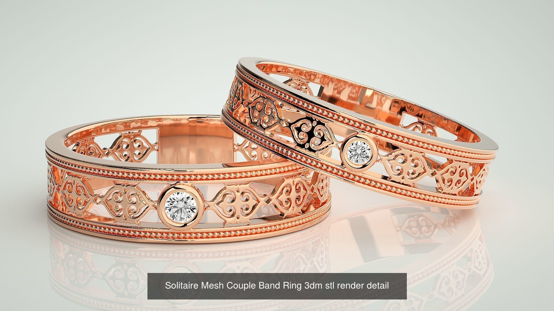 88 Wave Mesh Plain and Solitaire Gold Couple Band Ring 3dm stl 3D Model Collection_81