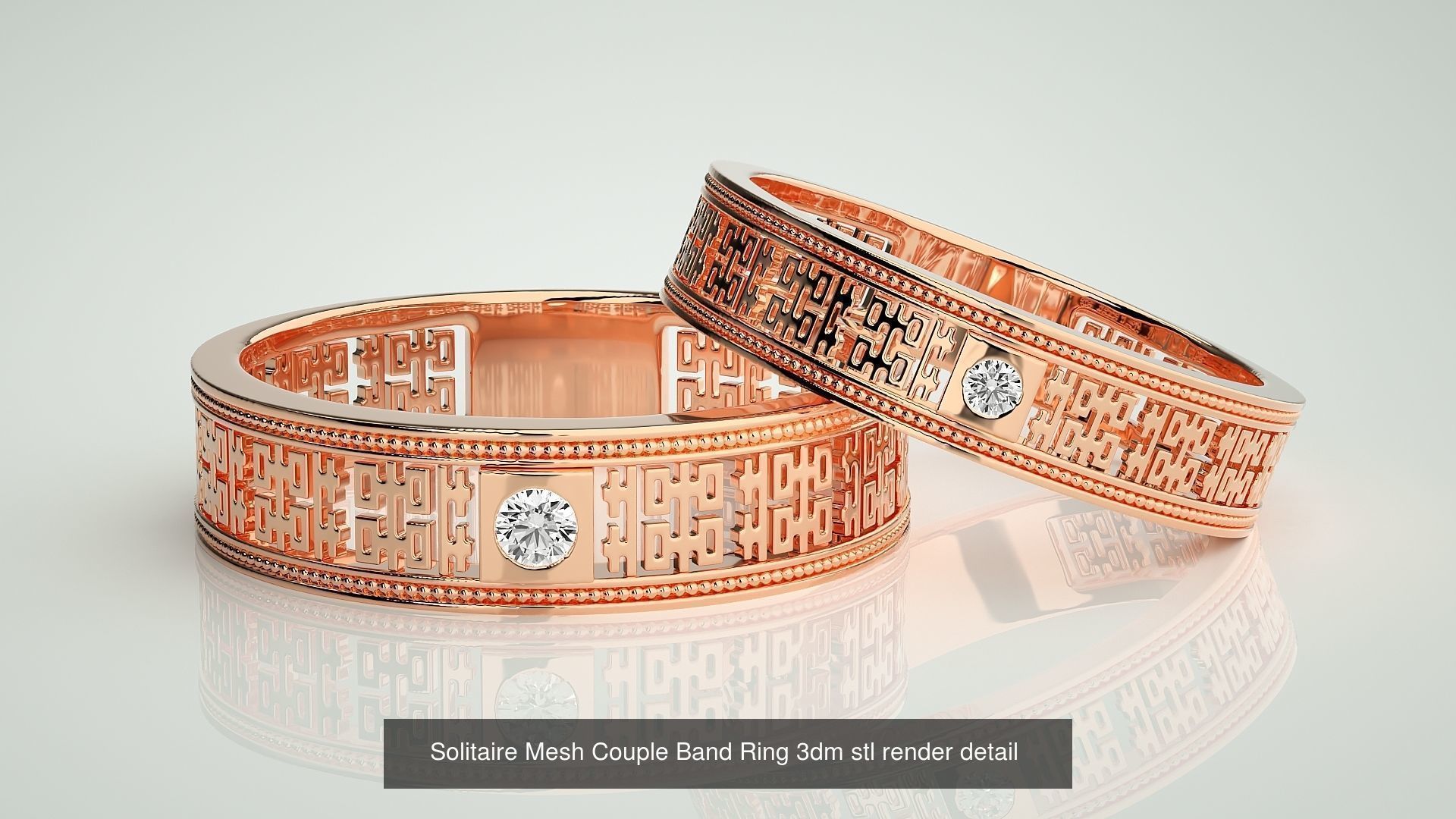 88 Wave Mesh Plain and Solitaire Gold Couple Band Ring 3dm stl 3D Model Collection_20