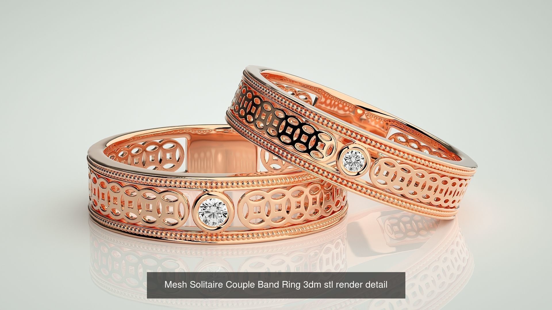 88 Wave Mesh Plain and Solitaire Gold Couple Band Ring 3dm stl 3D Model Collection_88