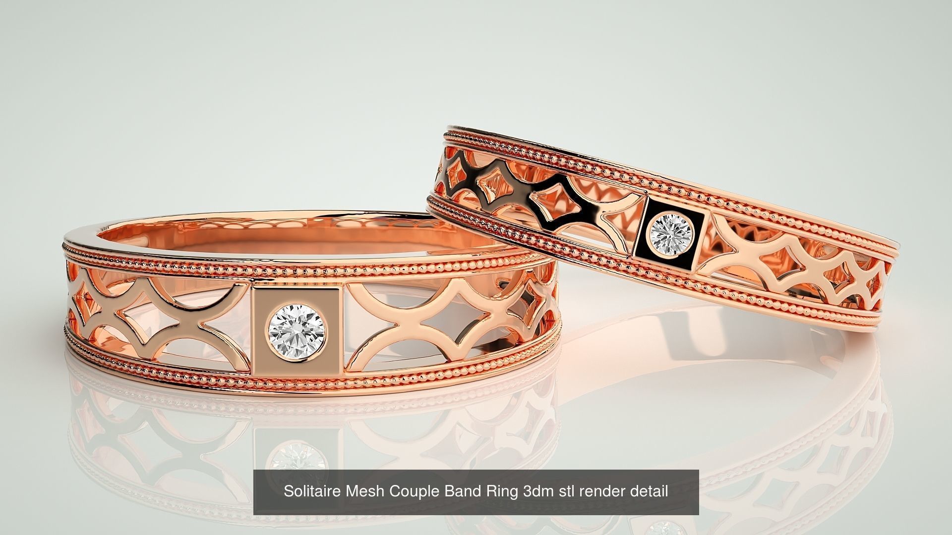 88 Wave Mesh Plain and Solitaire Gold Couple Band Ring 3dm stl 3D Model Collection_50