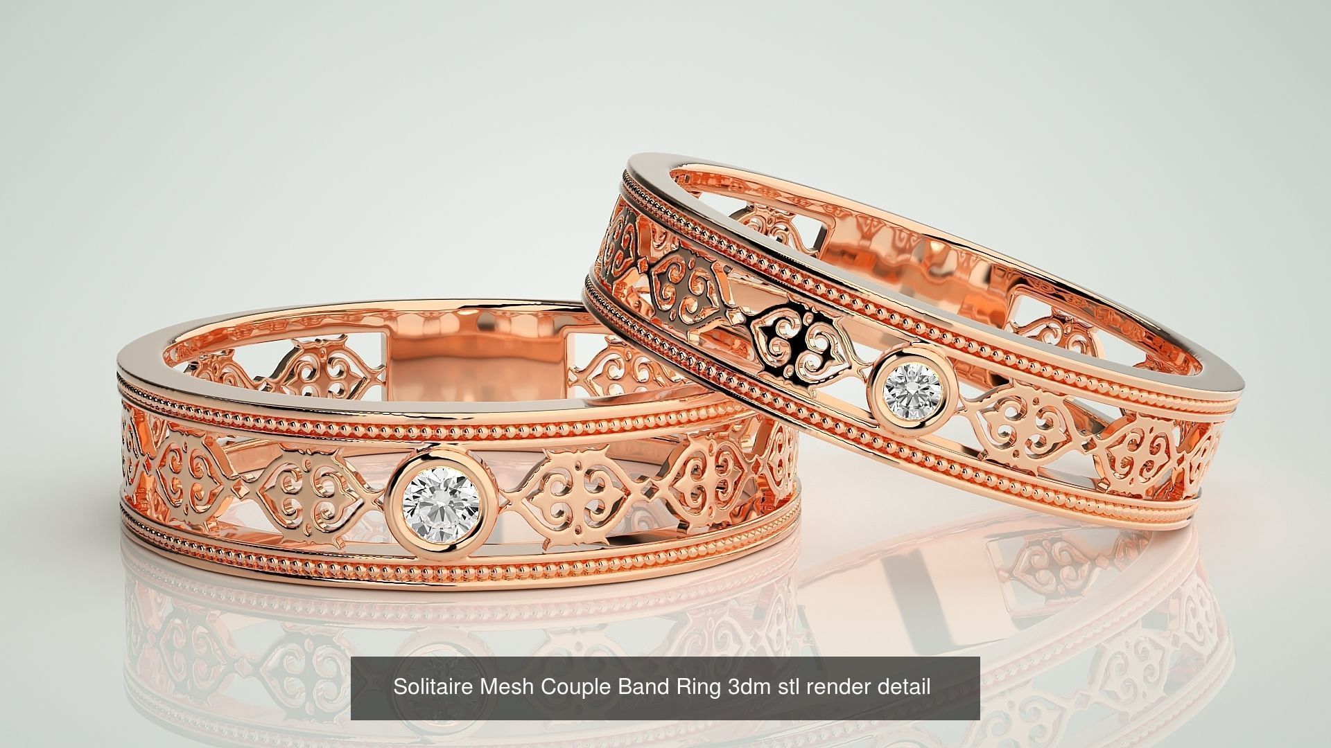 88 Wave Mesh Plain and Solitaire Gold Couple Band Ring 3dm stl 3D Model Collection_11