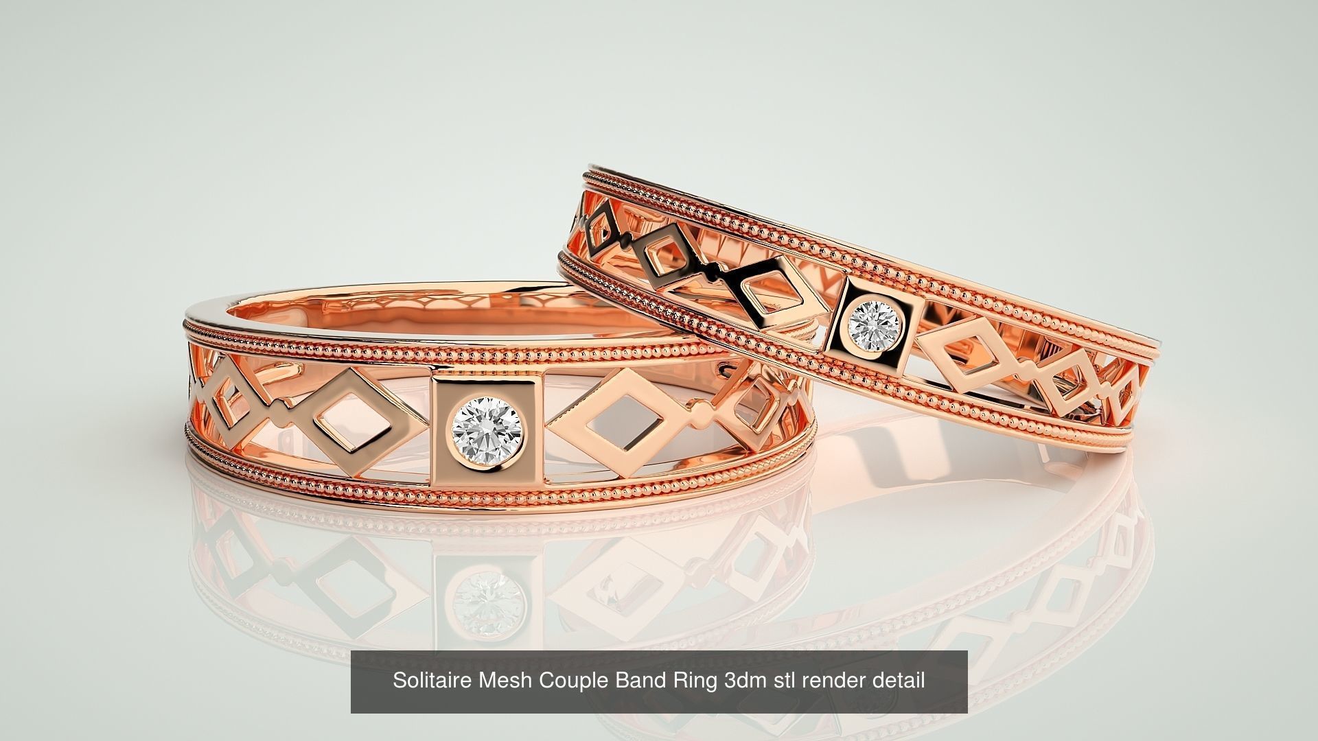 88 Wave Mesh Plain and Solitaire Gold Couple Band Ring 3dm stl 3D Model Collection_79