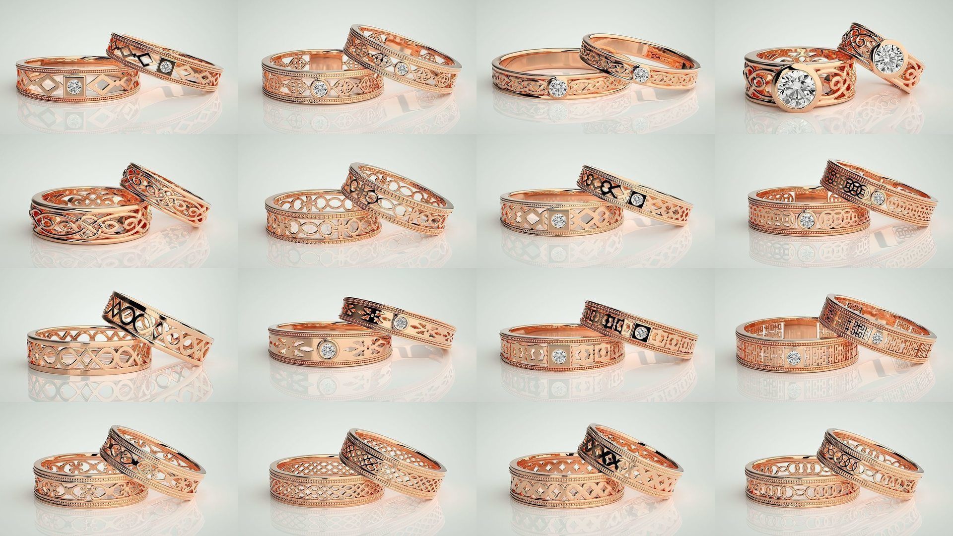88 Wave Mesh Plain and Solitaire Gold Couple Band Ring 3dm stl 3D Model Collection_1