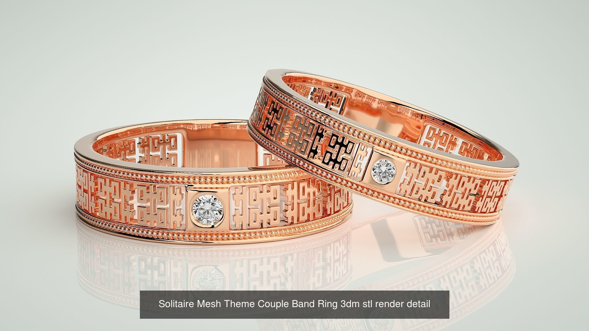 88 Wave Mesh Plain and Solitaire Gold Couple Band Ring 3dm stl 3D Model Collection_73