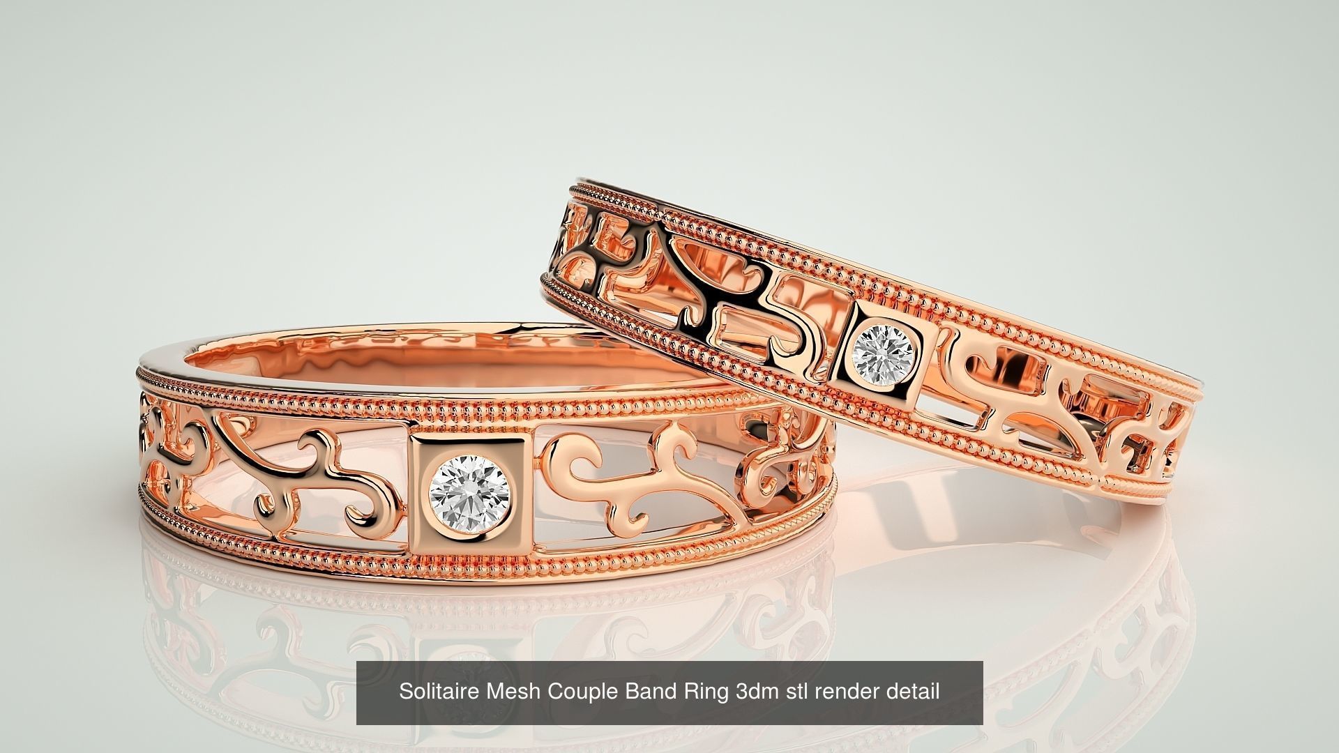 88 Wave Mesh Plain and Solitaire Gold Couple Band Ring 3dm stl 3D Model Collection_49