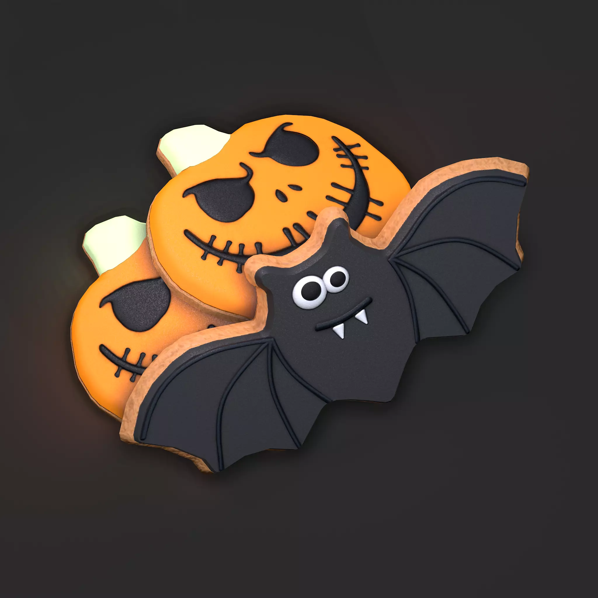 Halloween Pumpkin and Bat Cookies Low-poly 3D model