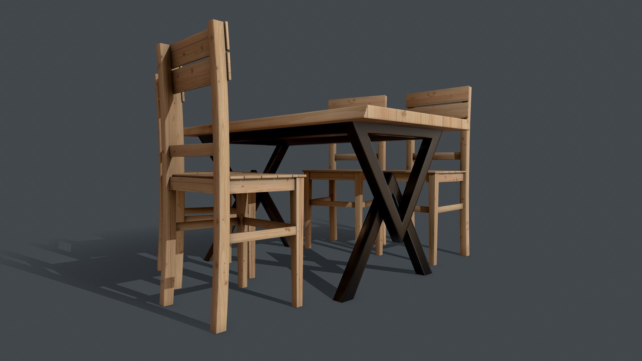 Pine Table and Chair PBR Model 4K Texture Low-poly 3D model_2