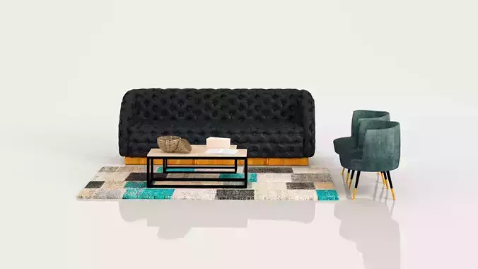 Sofa blue quilted fabric and two chairs in blue velvet Low-poly 3D model