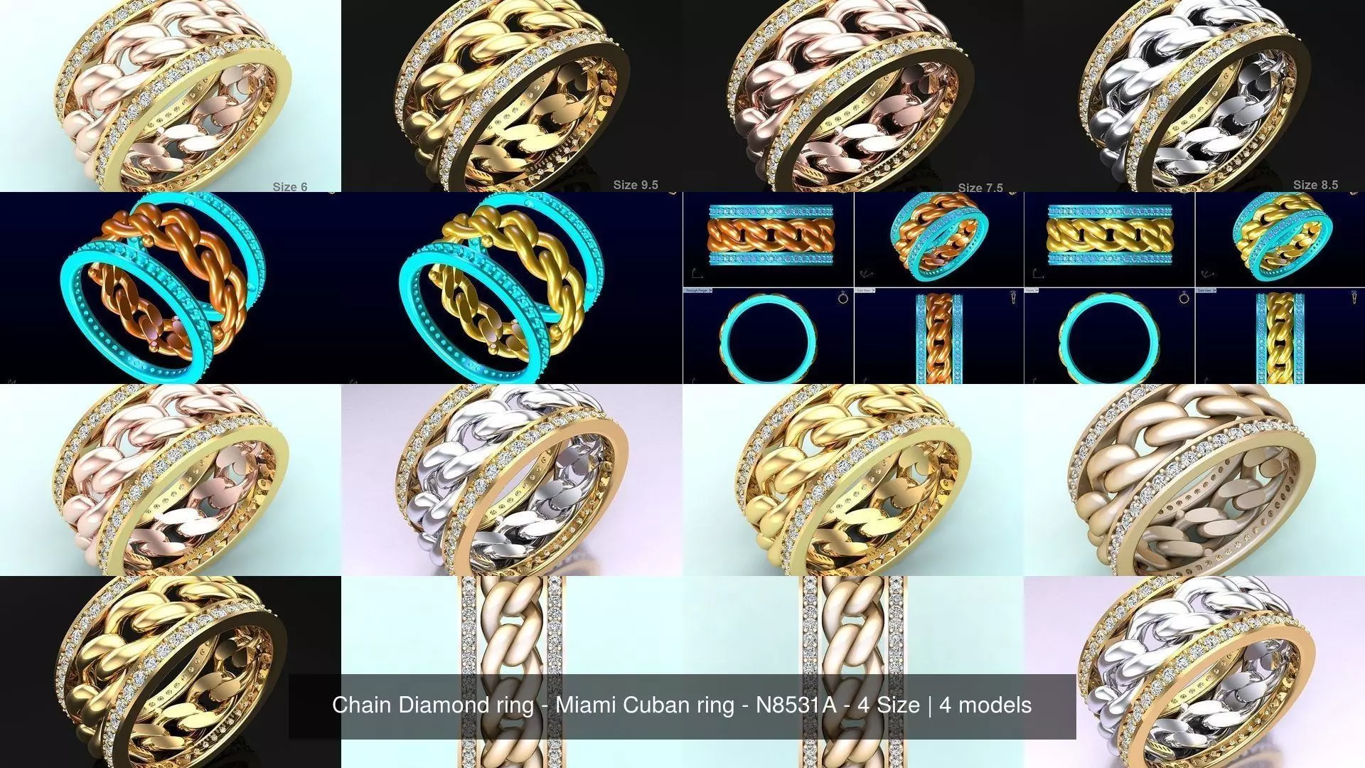 Chain Diamond ring - Miami Cuban ring - N8531A - 4 Size 3D Model Collection_1