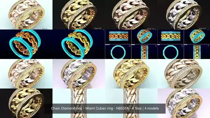 Chain Diamond ring - Miami Cuban ring - N8531A - 4 Size