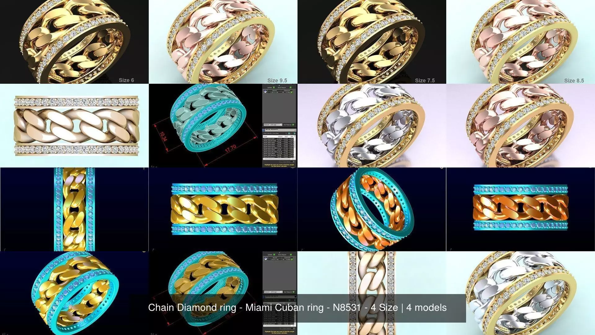 Chain Diamond ring - Miami Cuban ring - N8531 - 4 Size 3D Model Collection_1